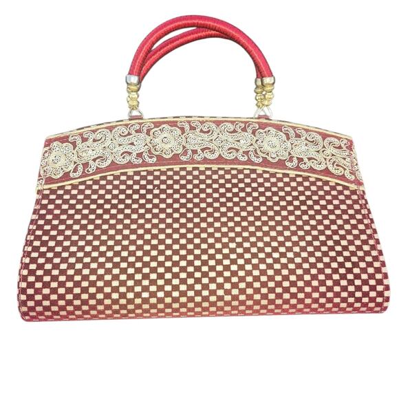 Vintage-Style Maroon & Gold Embroidered Clutch Handbag Purse With A Zip Pocket - Picture 2 of 8